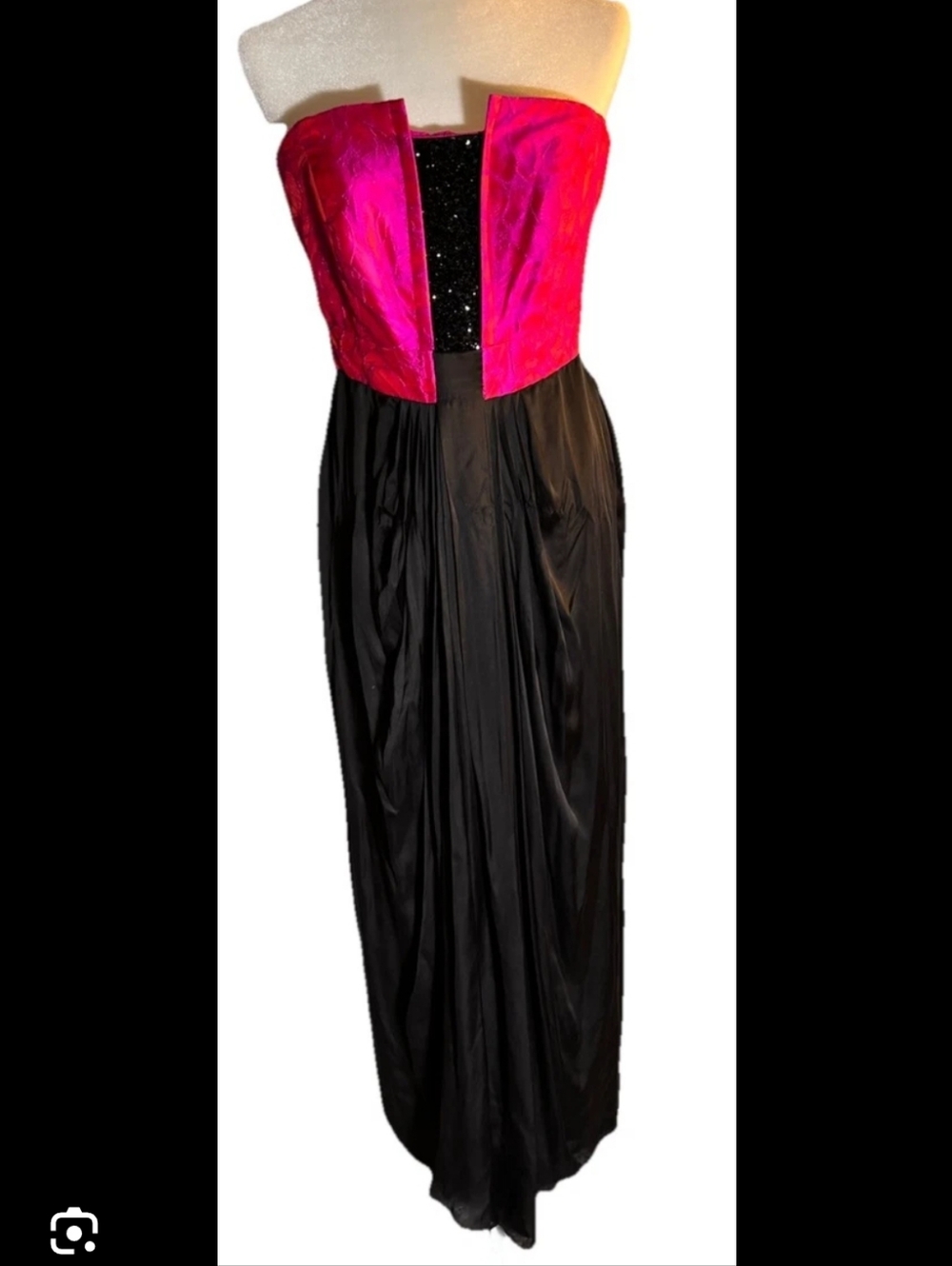 Theia Strapless Fuchsia and Black Maxi Gown